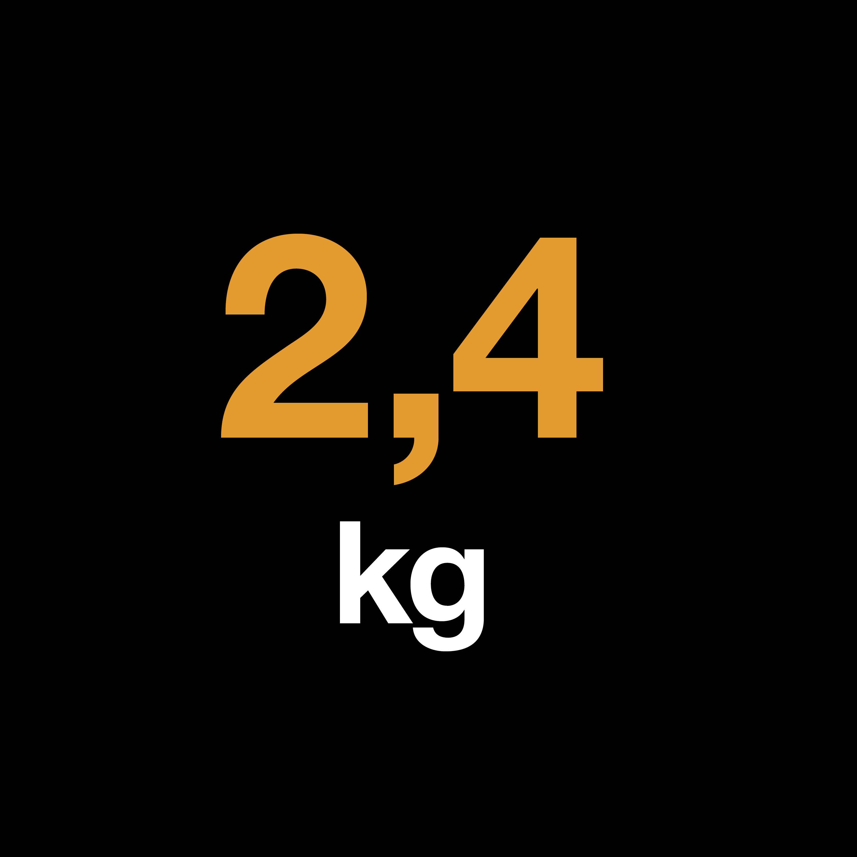 Billedet viser tallet '2,4 kg' i orange og hvid på en sort baggrund.