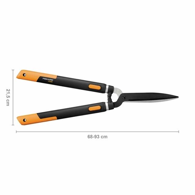 Hækksaks med orange og sorte håndtag, justerbar fra 68 til 93 cm, klingeleænde 21,5 cm, egnet til at trimme buske.