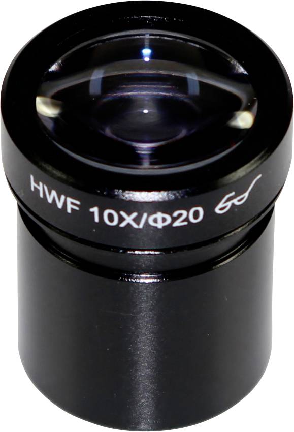 Sort 10x okular med påskrift 'HWF 10X/Φ20'. Bruges i mikroskoper til forstørrelse og undersøgelse af små prøver.