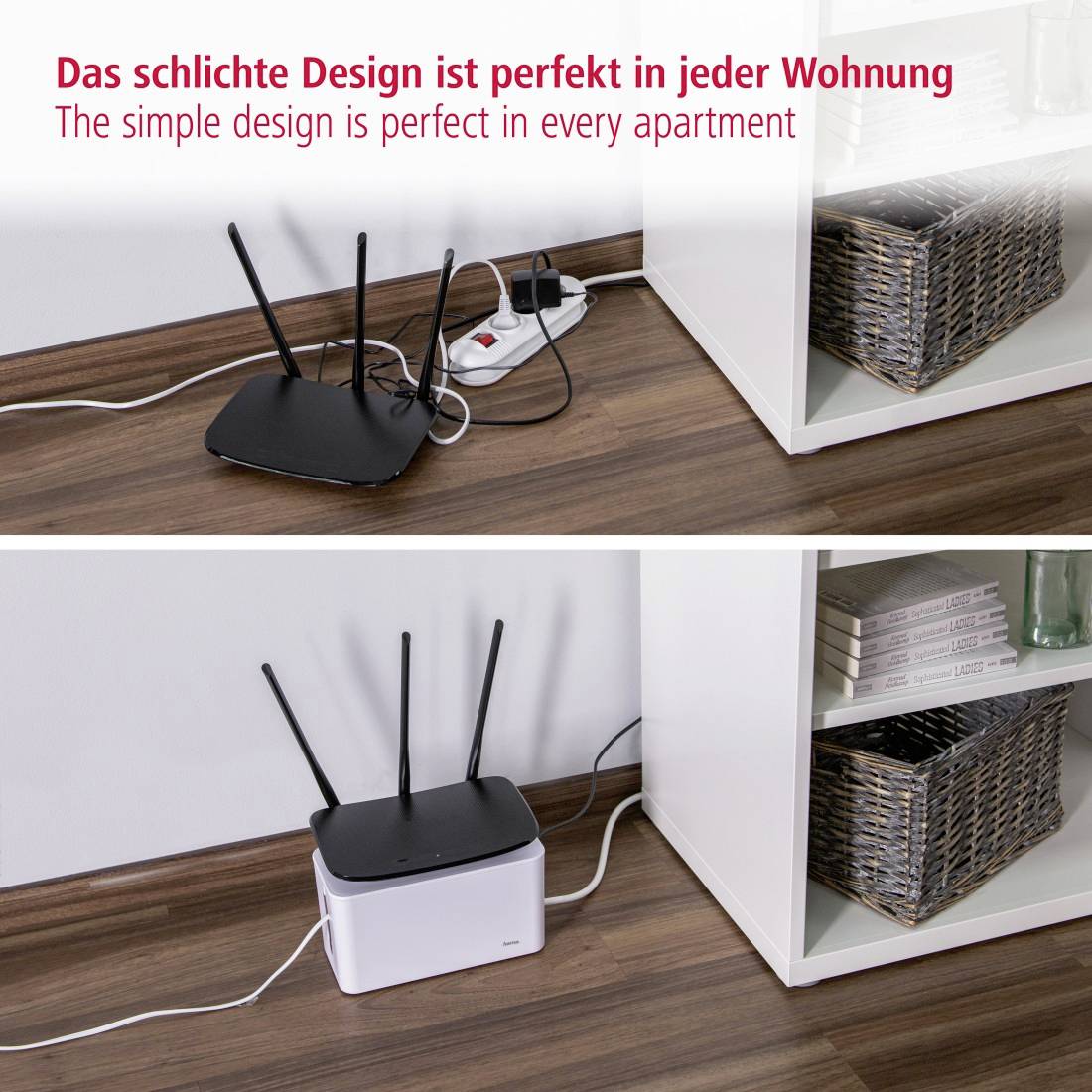 En WiFi-router og et stikdåsefelt er ryddeligt placeret på en hylde. Øverst: Rodet, nederst: Ryddeligt.