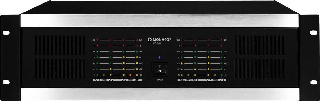 Sort forstærker af typen MONACOR PA-1450 med flere LED-indikatorer på forsiden, velegnet til lydforstærkning.