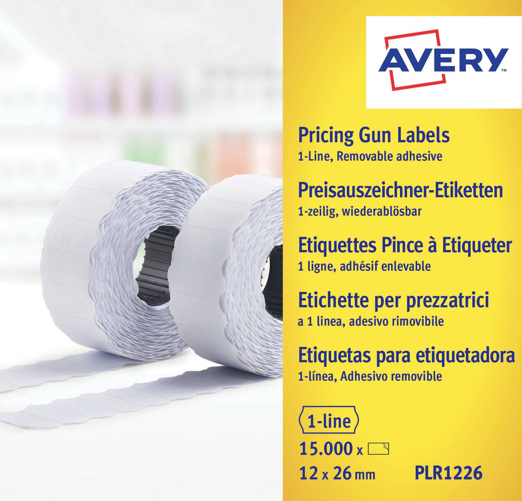 Avery-prismærkningsetiketter på forskellige sprog. 1-linjet, aftagelig, størrelse: 12 x 26 mm, 15.000 stk.