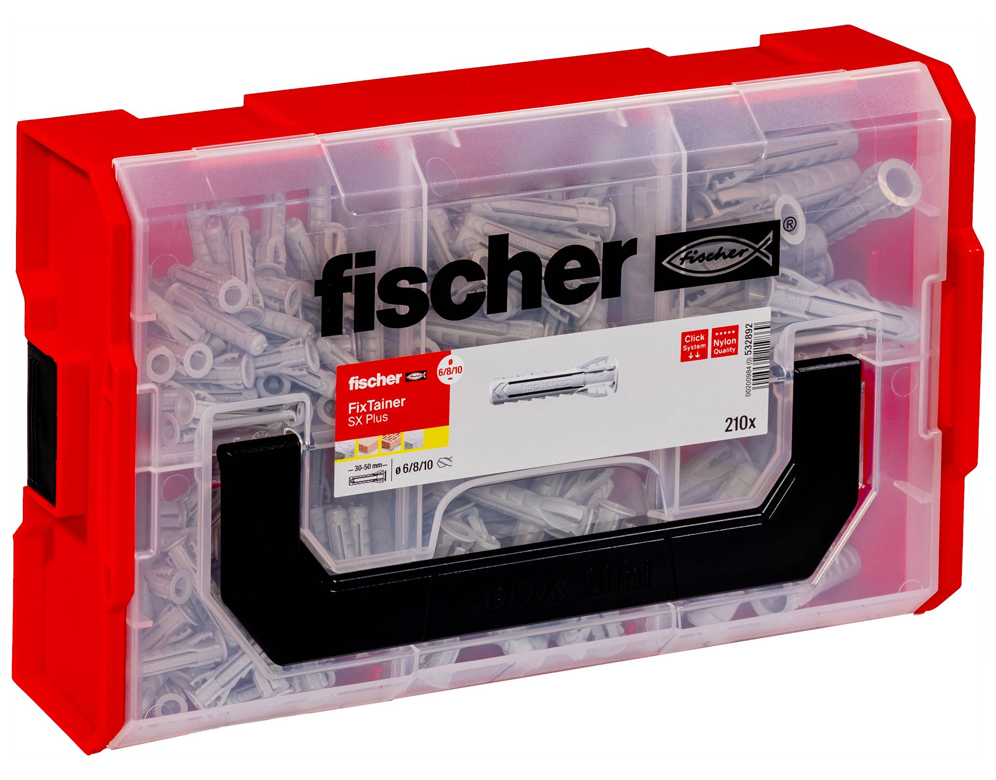 Fischer FixTainer SX Plus vægankerpakke i en rød og klar opbevaringskasse, mærket '210x' med assorterede ankre synlige indeni.