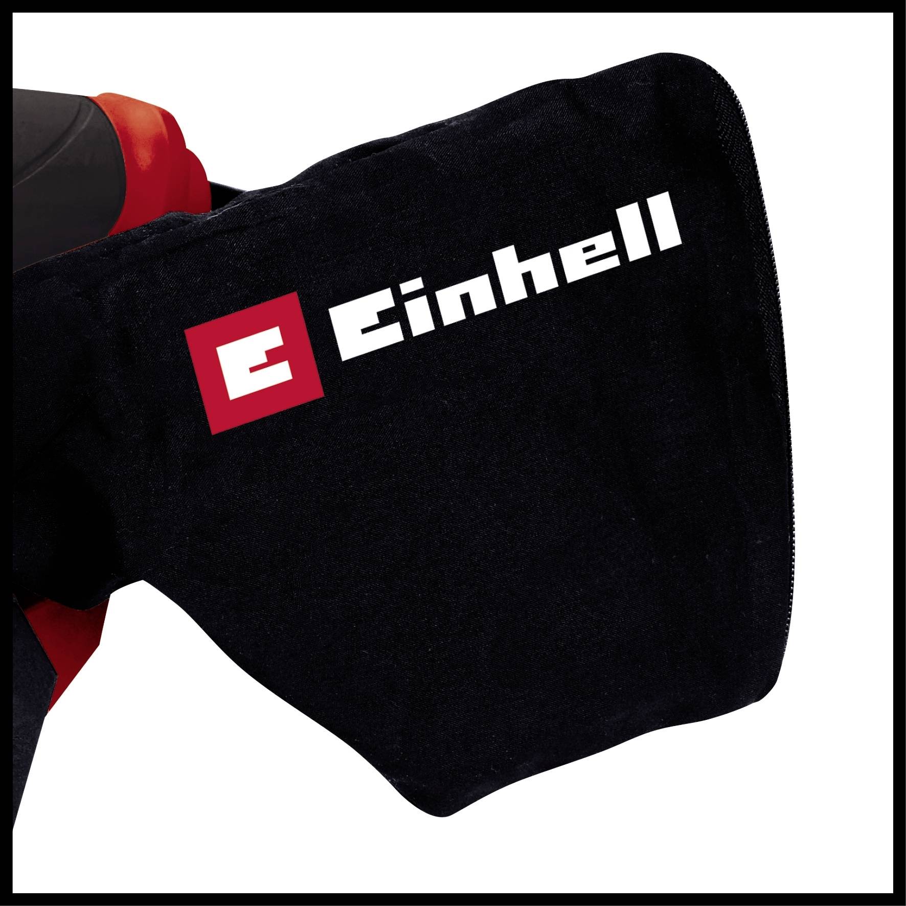 En støvpose med Einhell-logoet til et elektrisk værktøj. Primært sort med røde detaljer.