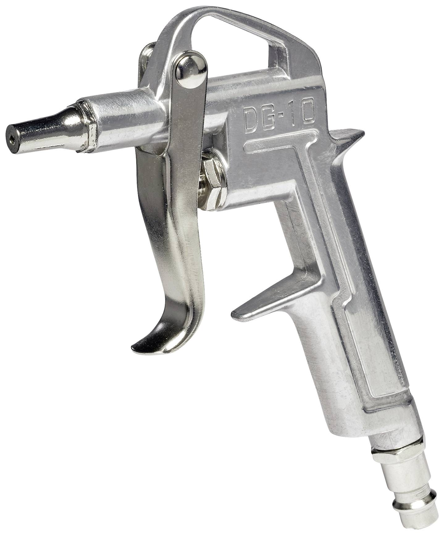 En sølvfarvet trykluftpistol med ergonomisk greb og løftearme. Den er velegnet til rengøring af overflader og apparater.