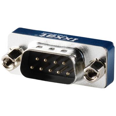 En blå stikadapter med ni metalstik og to skruer til fastgørelse. Adapteren er egnet til serielle forbindelser.