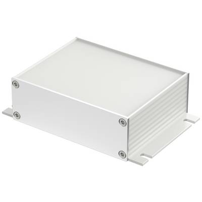 Metallisk kabinet med skruer i hjørnerne; rektangulær form og rillede sider. Velegnet til elektroniske komponenter.