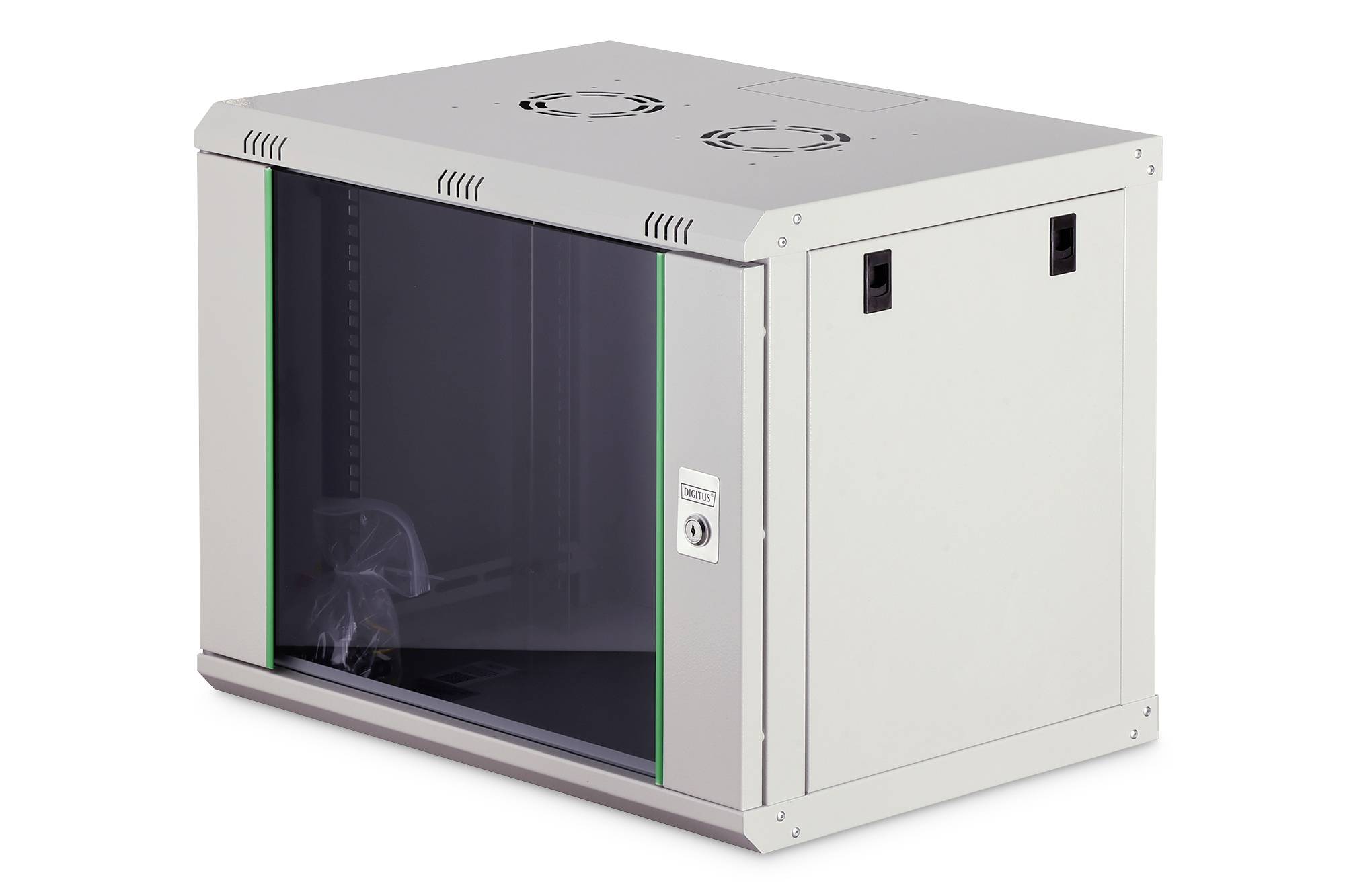 En grå, kompakt serverrack med et gennemsigtigt frontpanel og ventilationsblæsere øverst er vist. Den fremstår robust og sikker, egnet til mindre netværksopsætninger.