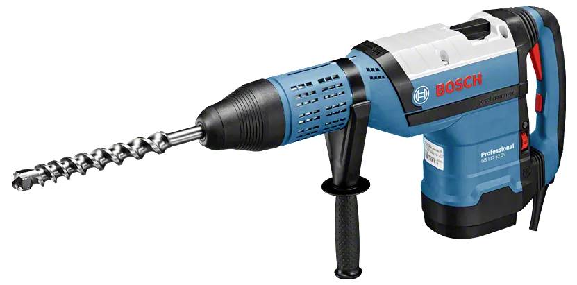 En blå og sort Bosch roterende borehammer med sidehåndtag og en spiralbor, designet til industriel eller konstruktionsmæssig brug.