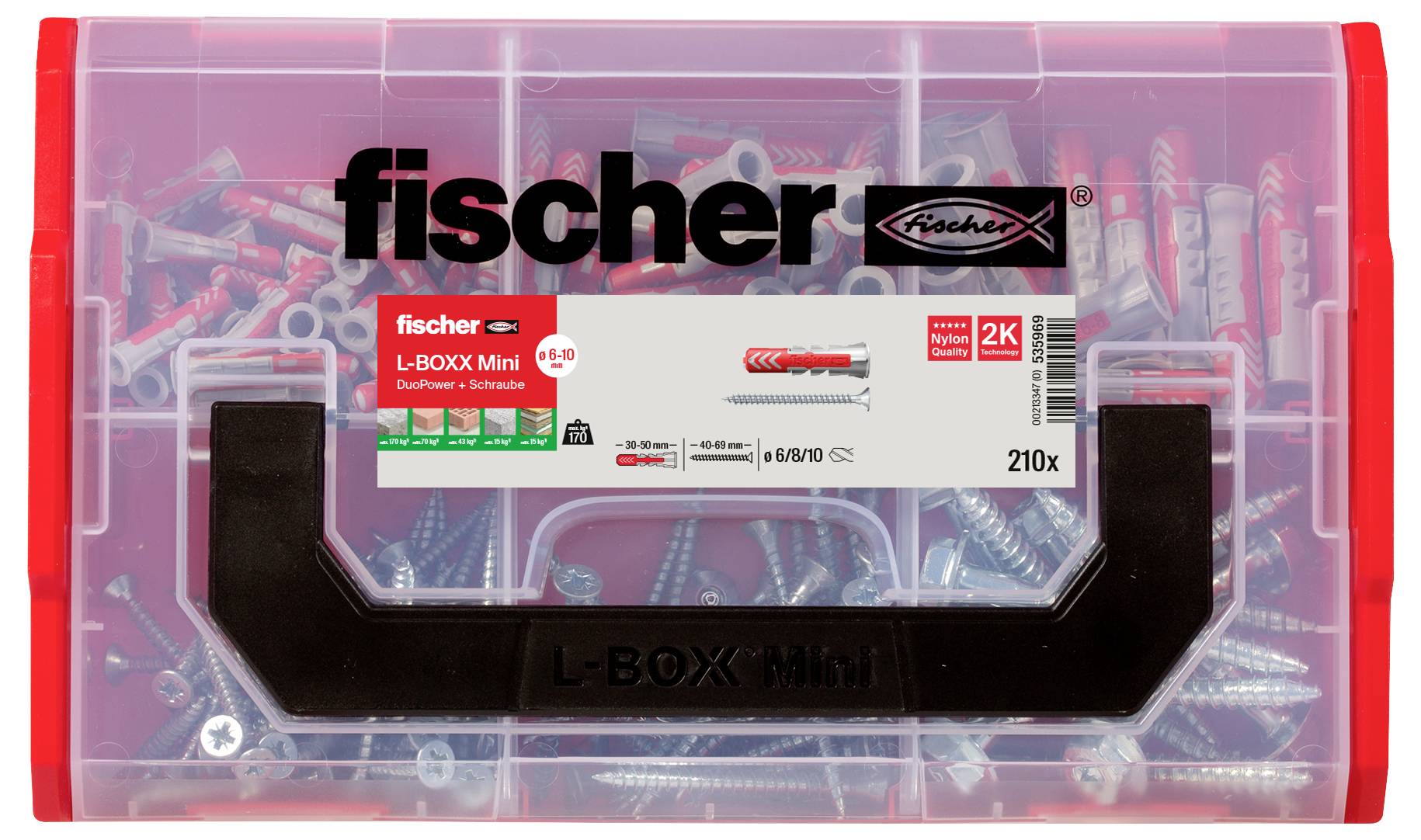 Plastikkuffert med Fischer-skruer og rawplugs, model 'L-BOXX Mini', mærkat påsat i midten, transparent boks med rød kant.