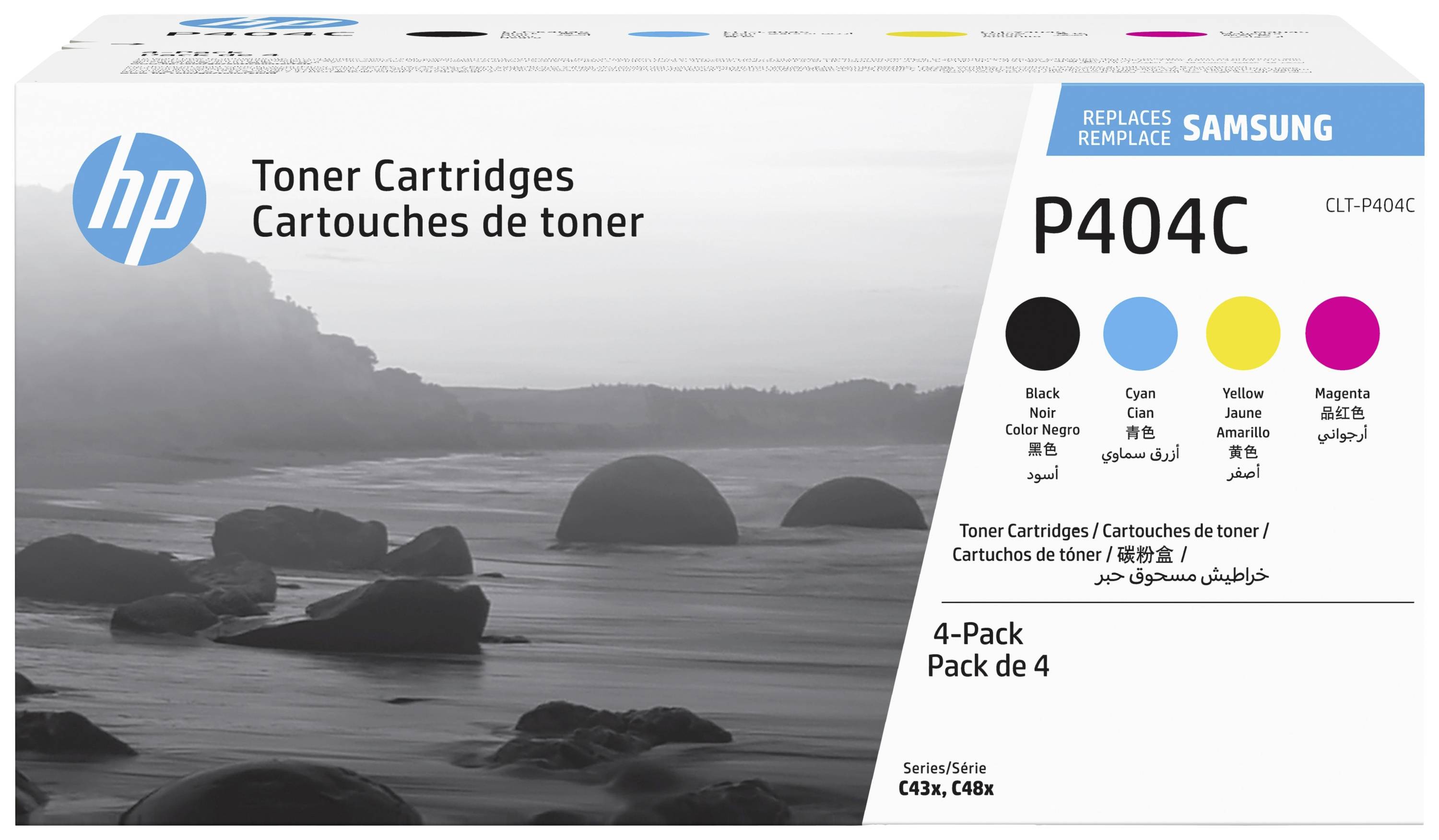 Tonerpatron-æske med 'HP'-logo; kompatibel med 'Samsung P404C'; indeholder sort, cyan-, gul- og magentafarvet toner.