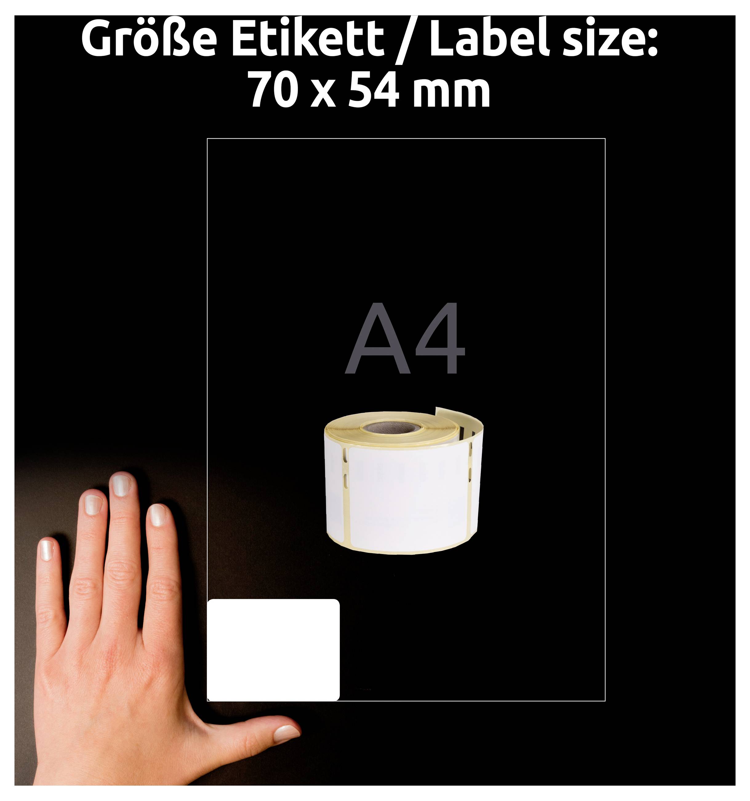 Etikketrole i A4-format; tekst øverst: 'Størrelse etiket/Label size: 70 x 54 mm'; hånd viser størrelsen sammenlignet med rollen.