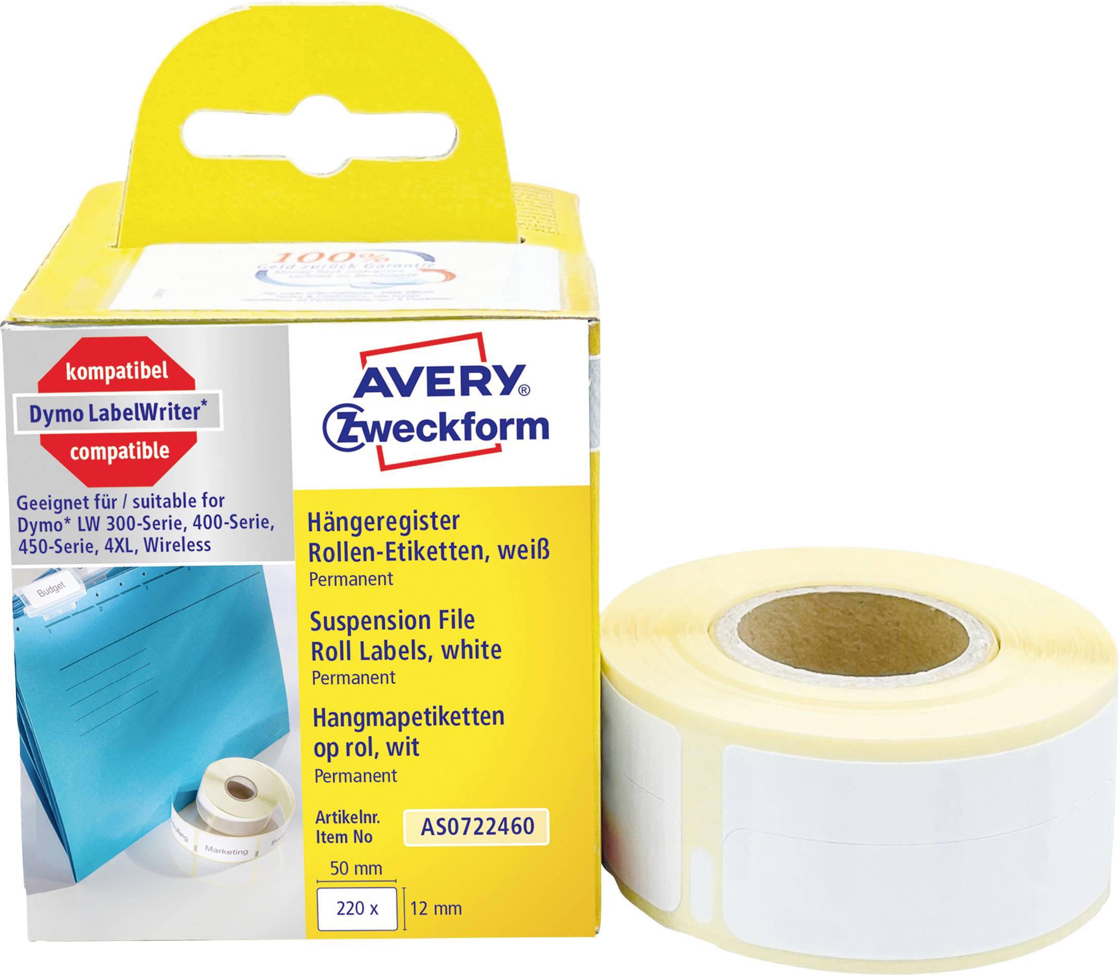 Avery Zweckform suspensionsfilmærke-rulletiket paket med en rulle hvide selvklæbende etiketter, der viser kompatibilitet med Dymo LabelWriter-printere.