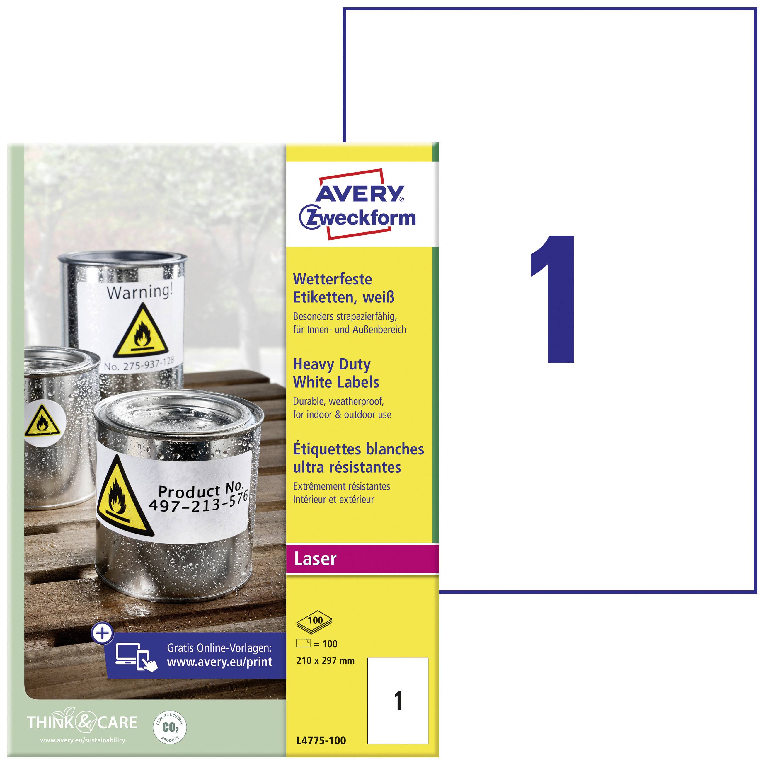 'Avery Zweckform' etikatemballage med faresymboler på dåser. Mærket 'Heavy Duty White Labels'. Egnet til laserprintere.