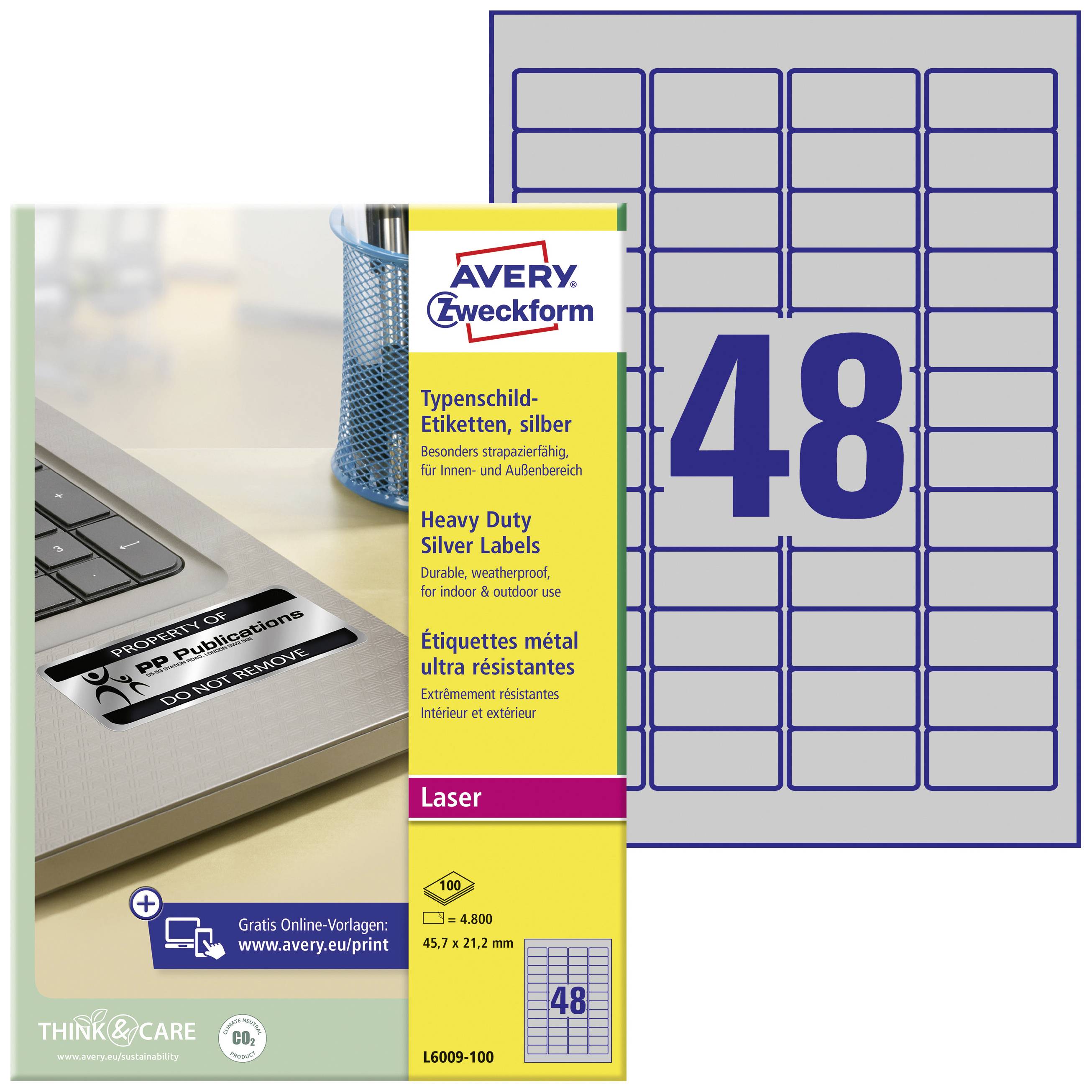 'Avery Zweckform Typeskilte-etiketter, Sølv, 48 etiketter pr. ark, 45,7 x 21,2 mm, egnet til laserprintere.'
