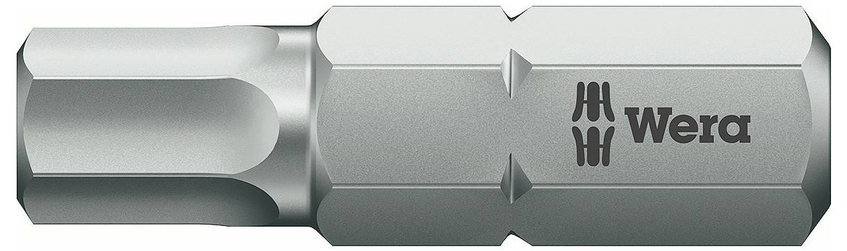 Metalbits med cylindrisk form, riflet overflade, forsynet med 'Wera'-logo på siden, egnet til skrueopgaver.