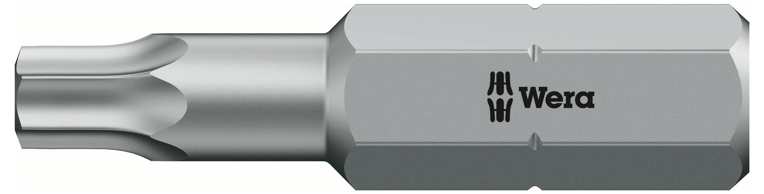 Sølvfarvet skrue- eller bitsæt fra Wera med sekskantede profiler og varemærkelogo på siden.
