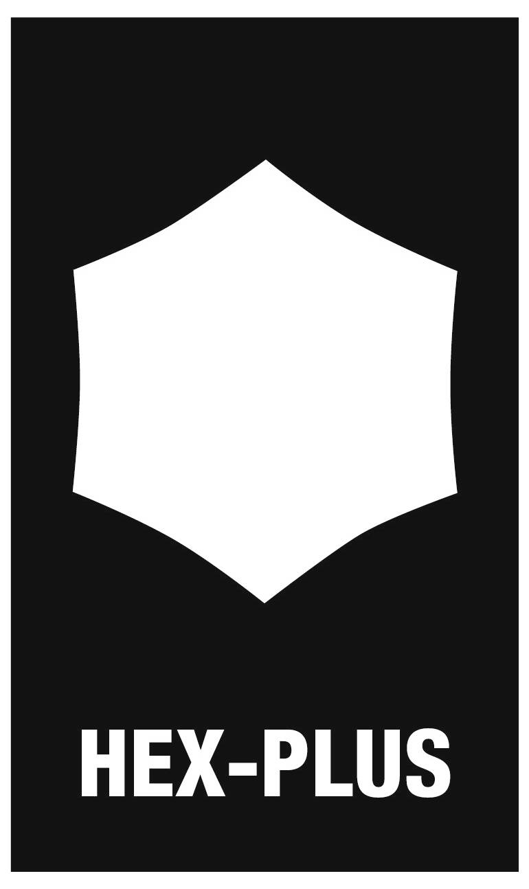 Logo for mærket med et sekskantetet symbol og teksten 'HEX-PLUS' nedenunder.