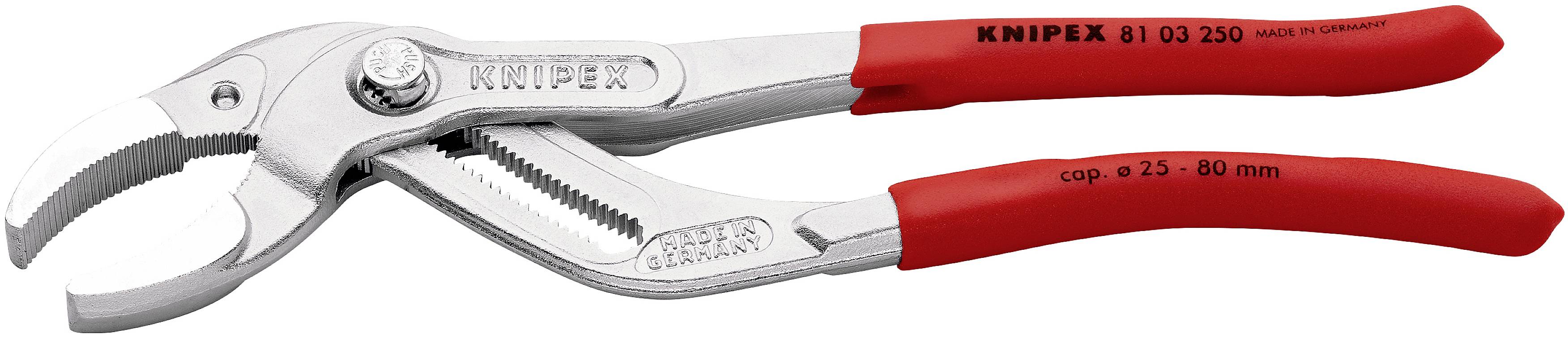 Justerbar tang med rødt greb, egnet til rør og møtrikker fra 25 til 80 mm. Mærkenavnet 'Knipex' er påtrykt tangen.