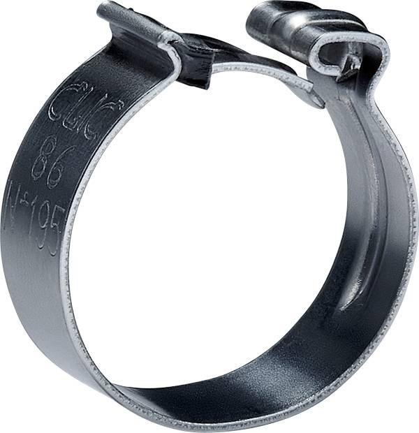 Sort metalslange clamp med skruetilspændt bånd til sikring af rør eller slanger.