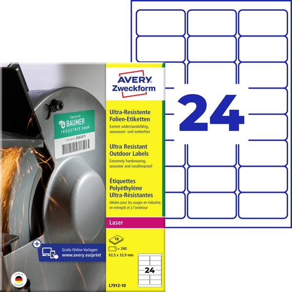 Avery-Zweckform L7912-10 Folielabels 63.5 x 33.9 mm Polyetylenfolie Hvid 240 stk Permanent vedhæftningsevne Farvelaserprinter, Laserprinter, Farvekopimaskine, Kopimaskine, Håndskrift
