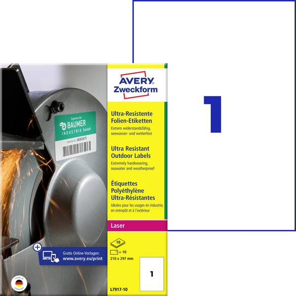 Avery-Zweckform L7917-10 Folielabels 210 x 297 mm Polyetylenfolie Hvid 10 stk Permanent vedhæftningsevne Farvelaserprinter, Laserprinter, Farvekopimaskine, Kopimaskine, Håndskrift