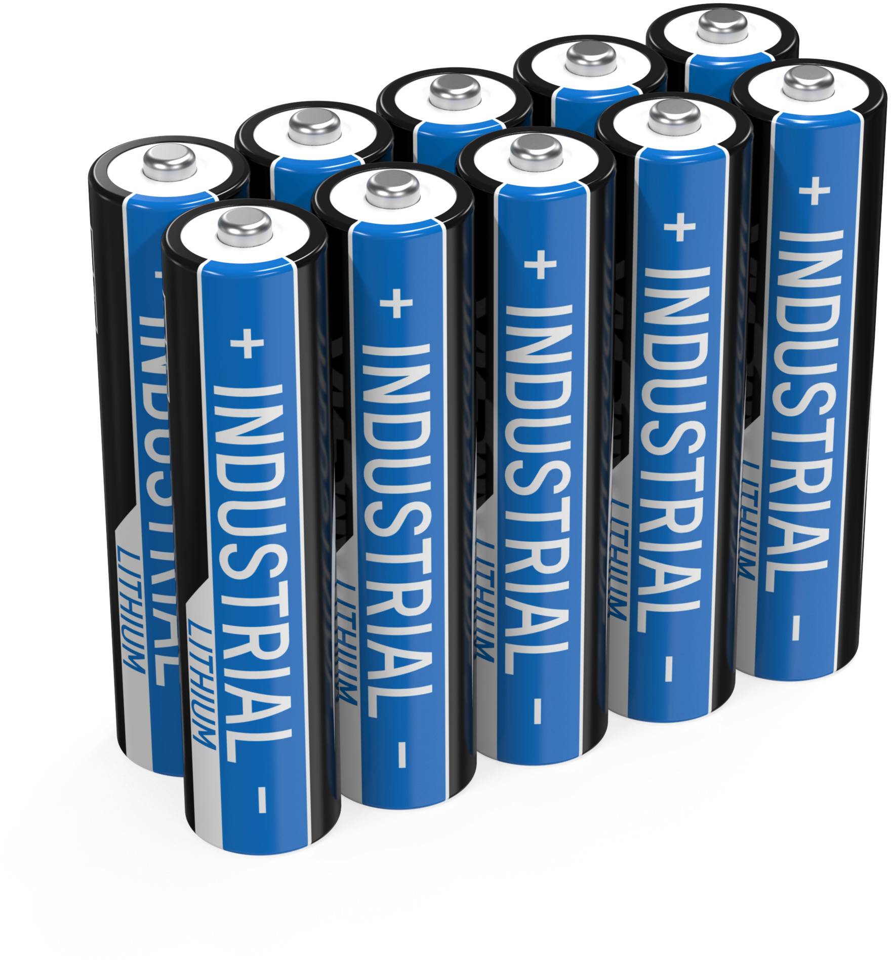 Otte blå og sølvfarvede lithium-industribatterier, stående lodret i to rækker. De viser plus- og minus-symboler.