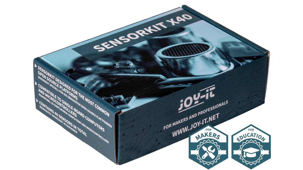 En blå æske med påskriften 'SENSORKIT X40' fra Joy-IT, beregnet for makere og uddannelse. Indeholder elektroniske komponenter og sensorer.