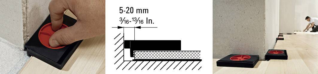 'En person placerer en afstandsholder-kileanordning ved siden af en væg på et trægulv. Diagrammet viser dimensionering: 5-20 mm, ⅛-⅜ tomme. Afstandsholdere adskiller væg og gulv.'