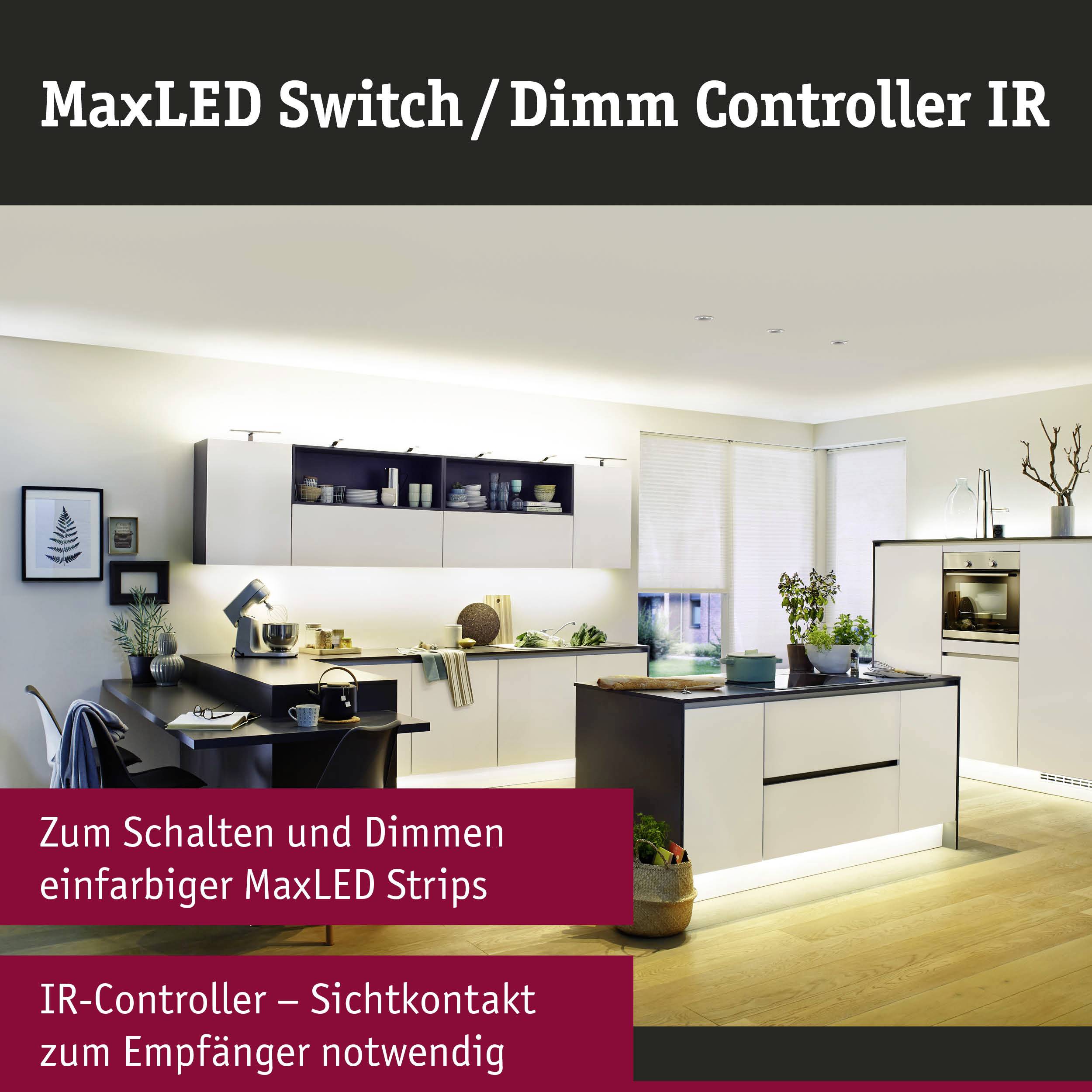 Oplyst moderne stue med køkkenø. Tekst: 'MaxLED SWITCH / Dæmp Controller IR'. Beskrivelse af styrings- og dæmpningsfunktion for LED-strips.