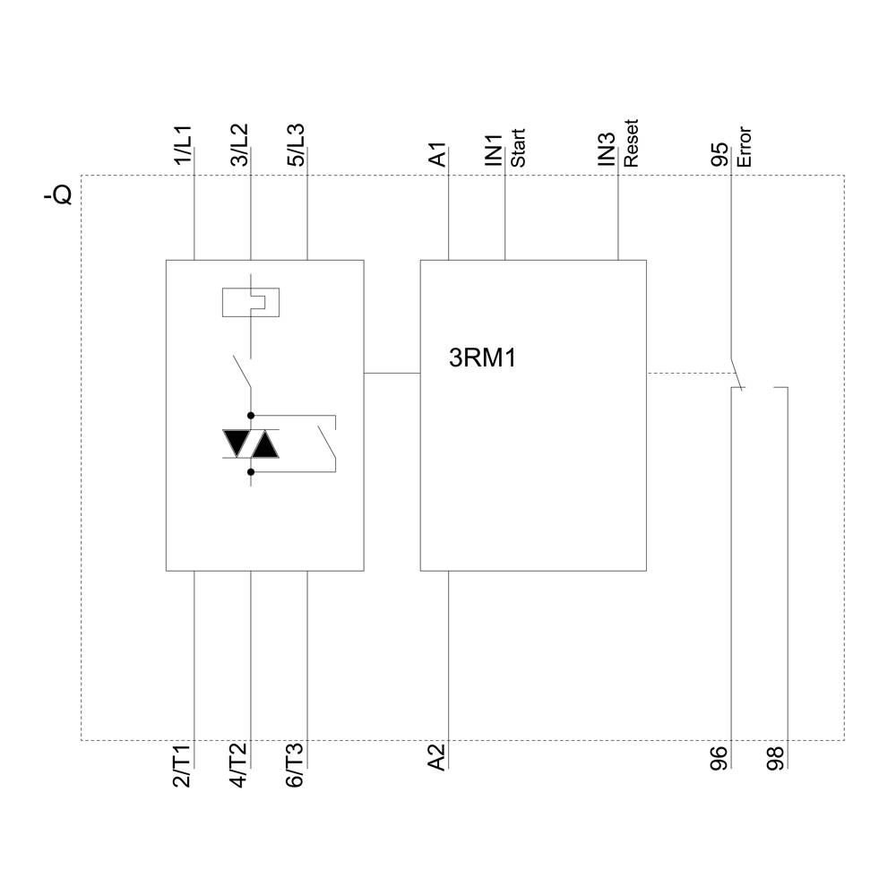 Kredsløbsdiagram for et sikkerhedsmodul med indgangene 'Start', 'Nulstil' og 'Fejl' vist. Forbindelser for elektrisk styring illustreret.