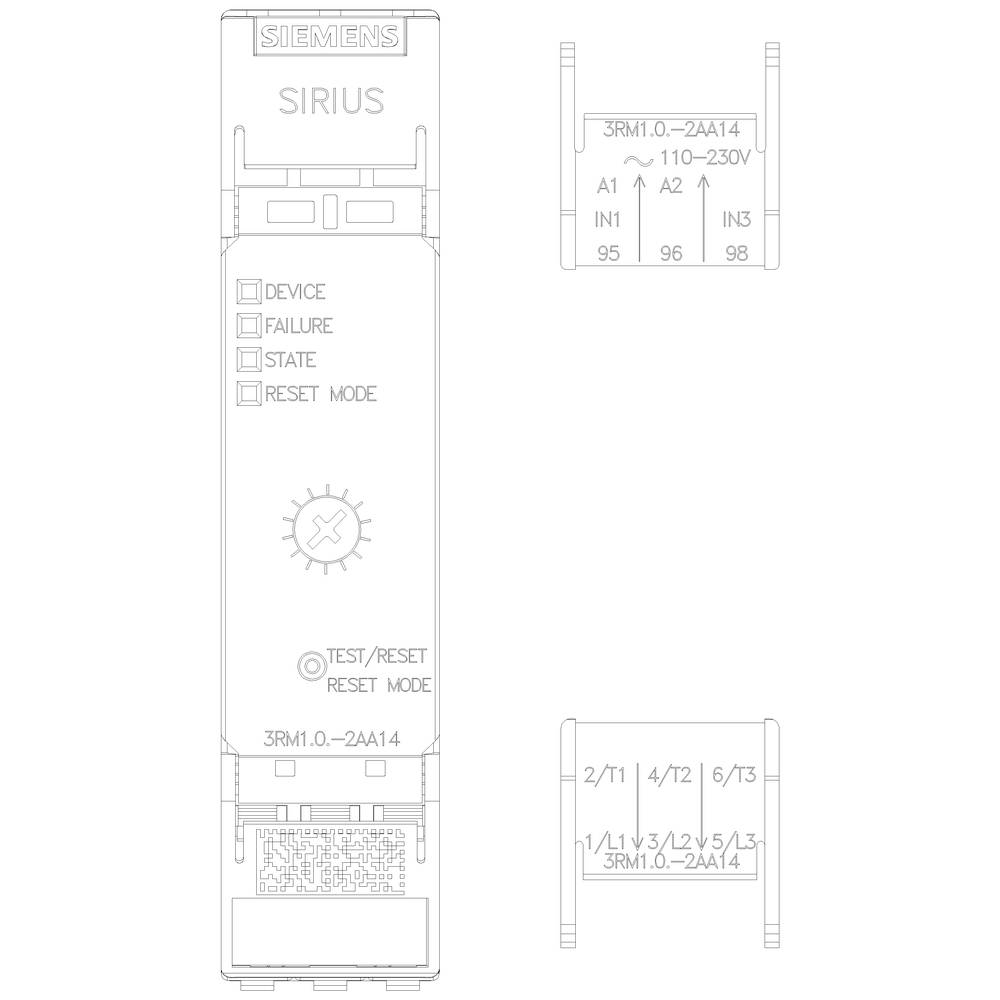 'Tegning af en Siemens SIRIUS enhed med etiketter for ENHED, FEJL, TILSTAND og NULSTILLINGSTILSTAND. Indeholder tekniske oplysninger og elektriske diagrammer.'