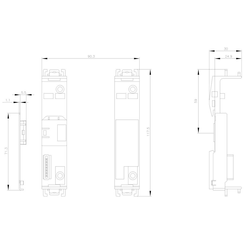 Teknisk tegning af et rektangulært elektronisk apparat med følgende dimensioner: Højde 117,5 mm, bredde 24,9 mm, dybde 90,5 mm. Side- og frontalvisning vist.