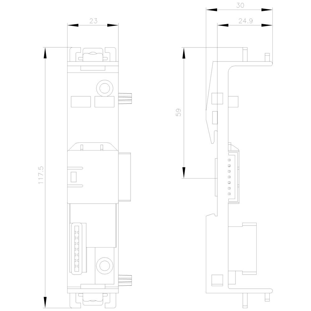 Teknisk tegning af en elektronisk komponent med dimensioner: Højde 117,5 mm, bredde 23 mm, dybde 30 mm. Viser tilslutninger og form.