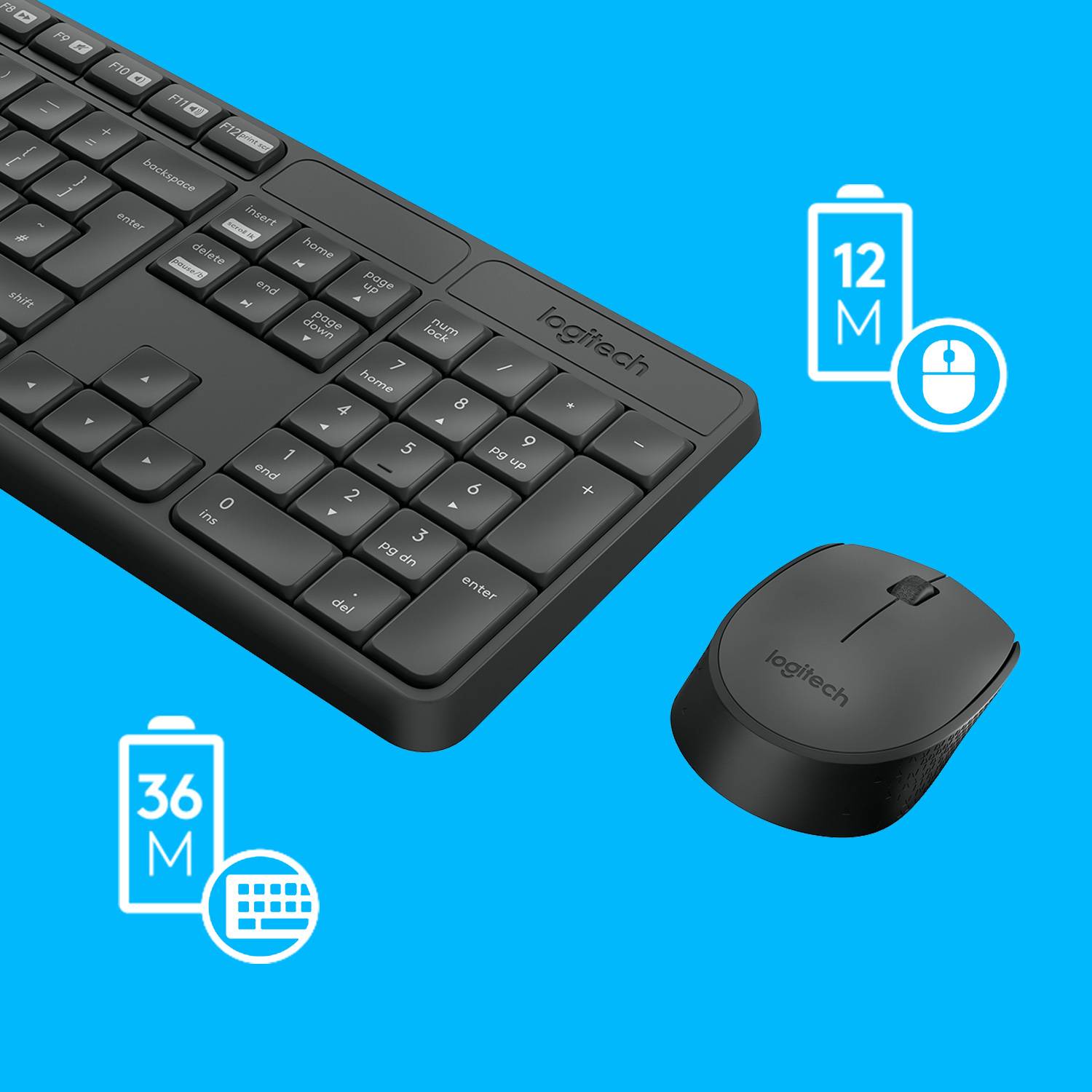 Logitech MK235 trådløst tastatur og mus på grå baggrund. Emballagen viser begge enheder sammen med USB-modtager.