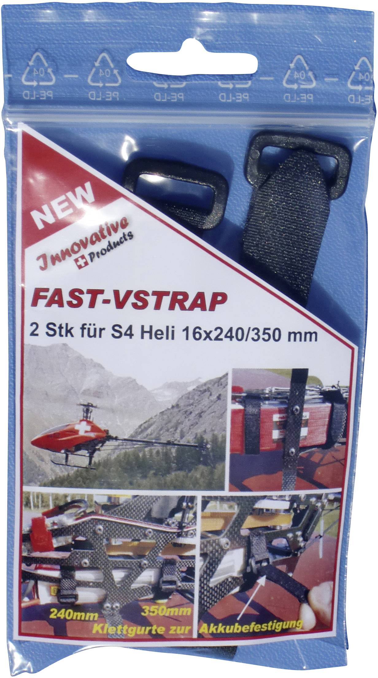 Pakke med 'FAST-VSTRAP' velcrobånd til S4 helikopter, 16x240/350 mm, til batterifastgørelse. Indeholder billeder af en helikopter og anvendelsen.