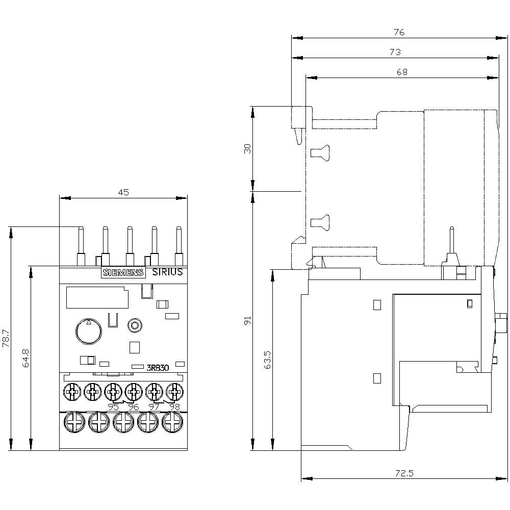 Tektonisk kredsløbsdiagram for en elektrisk komponent med specifikke dimensioner og tilslutninger; viser front- og sidevisning.