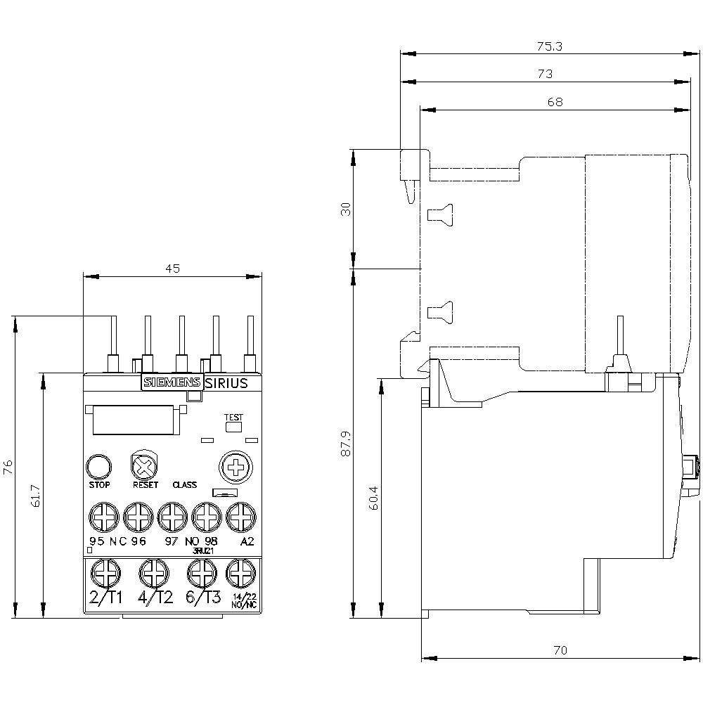 Teknisk tegning af en Siemens Sirius enhed, viser front- og sidevisning med tilsluttede ledninger og nøjagtige mål i millimeter.
