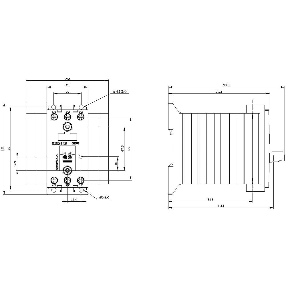 Teknisk tegning af en rektangulær komponent med nøjagtige dimensioner i millimeter. Den viser for- og sidevisning.