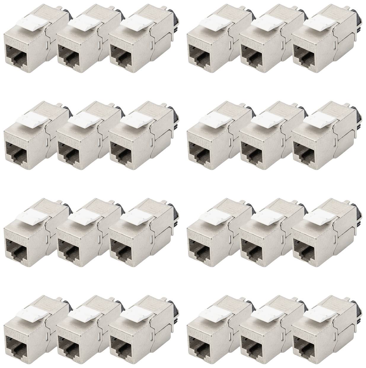 Tolv RJ45-keystone-moduler anbragt i rækker, egnede til Ethernet-kabling og netværksforbindelser i patchpaneler.
