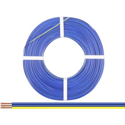 En rulle blå elektrisk kabel med synlige kobberledninger. Et ekstra udsnit viser farvekodningen indvendigt.