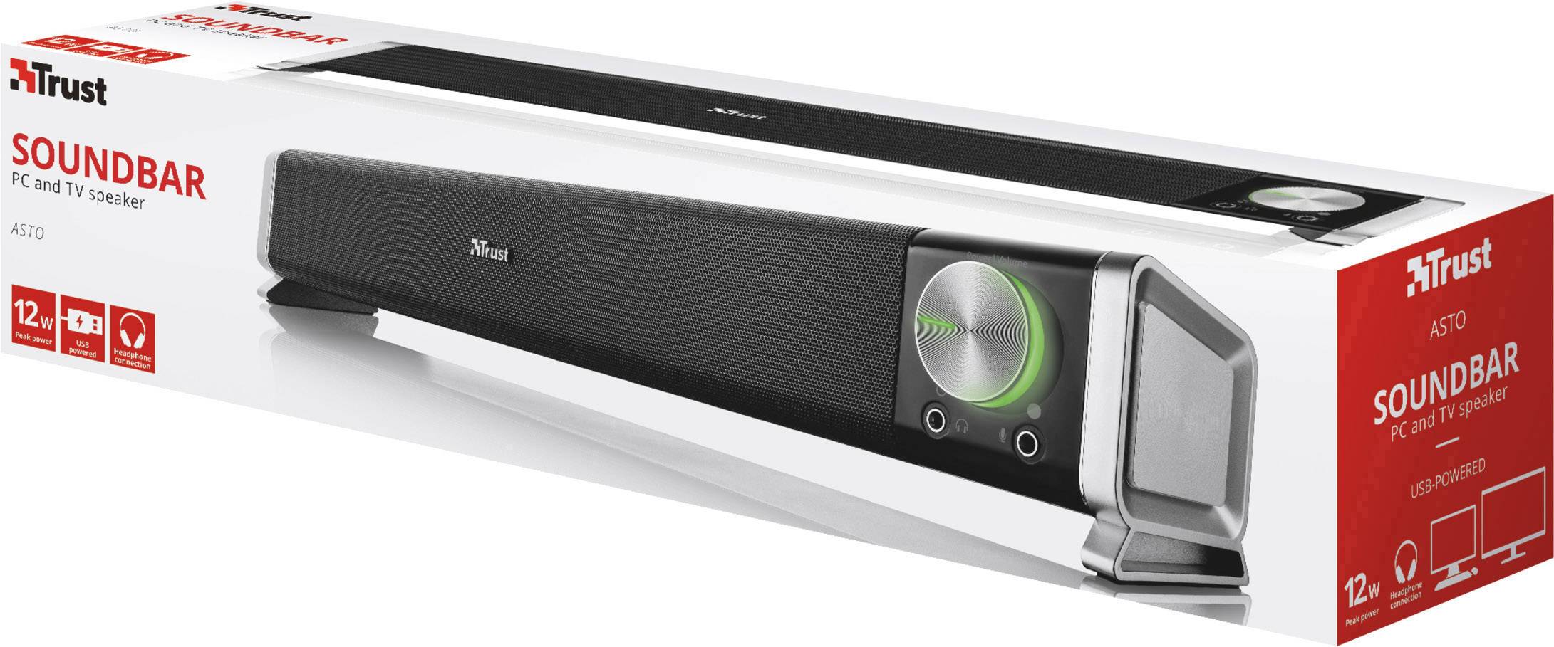 Emballage til en soundbar med Trust-logo, viser produktbilledet af soundbaren med en stor volumenkontrol og grønt lys.