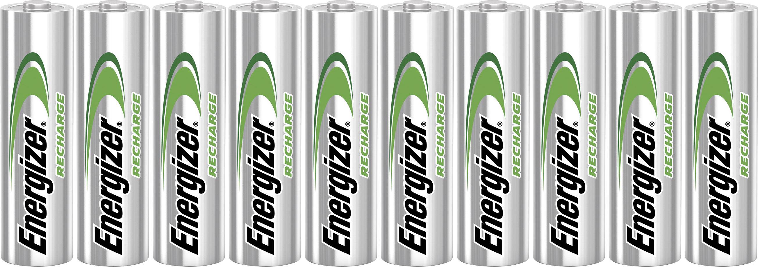 Ti genopladelige Energizer-batterier på en række.