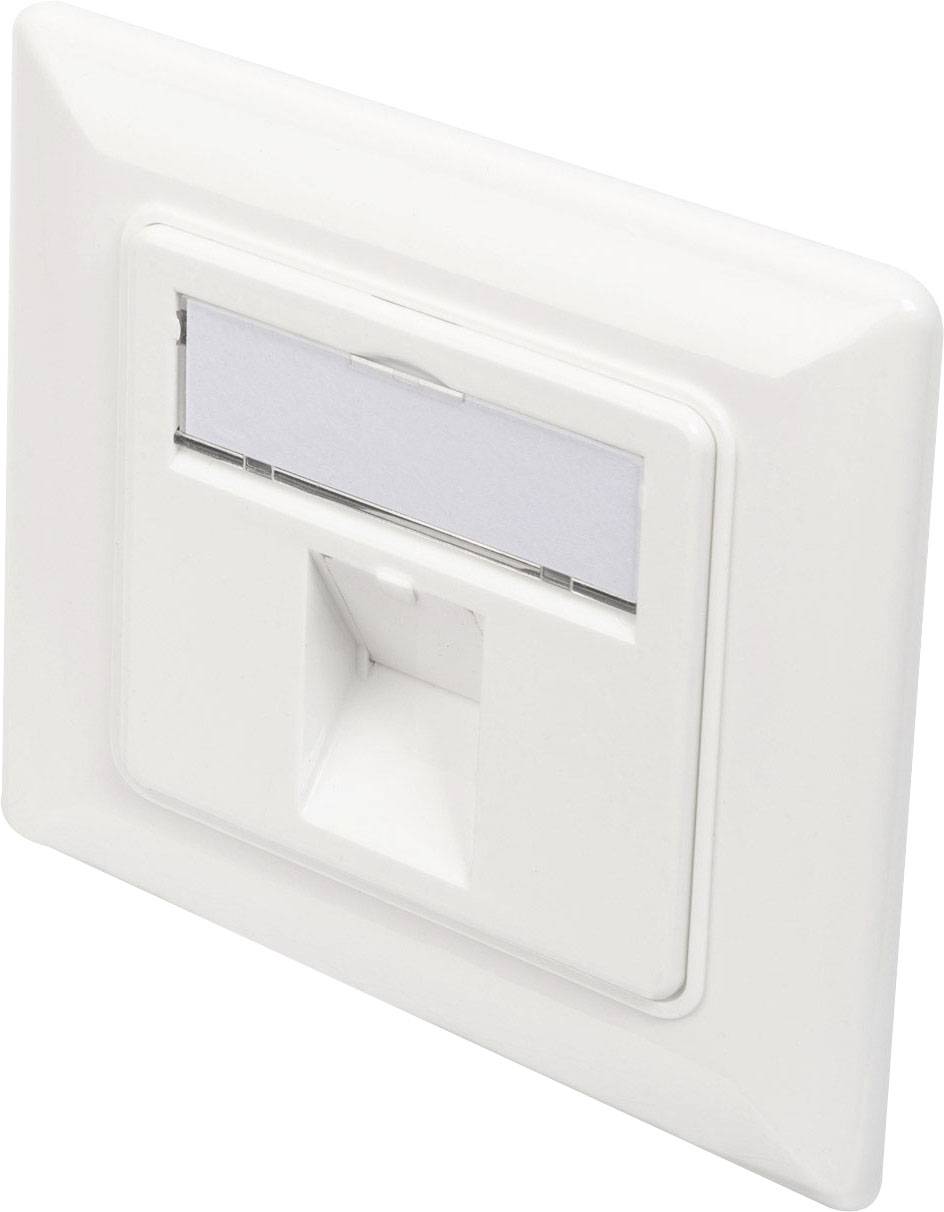 Hvid netværksstikdåse på væggen med et aftagelig etiketfelt øverst og et kabelrør nederst. Firkantet design.