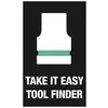 Diagram over et værktøj med påskriften 'TAKE IT EASY TOOL FINDER' på sort baggrund.