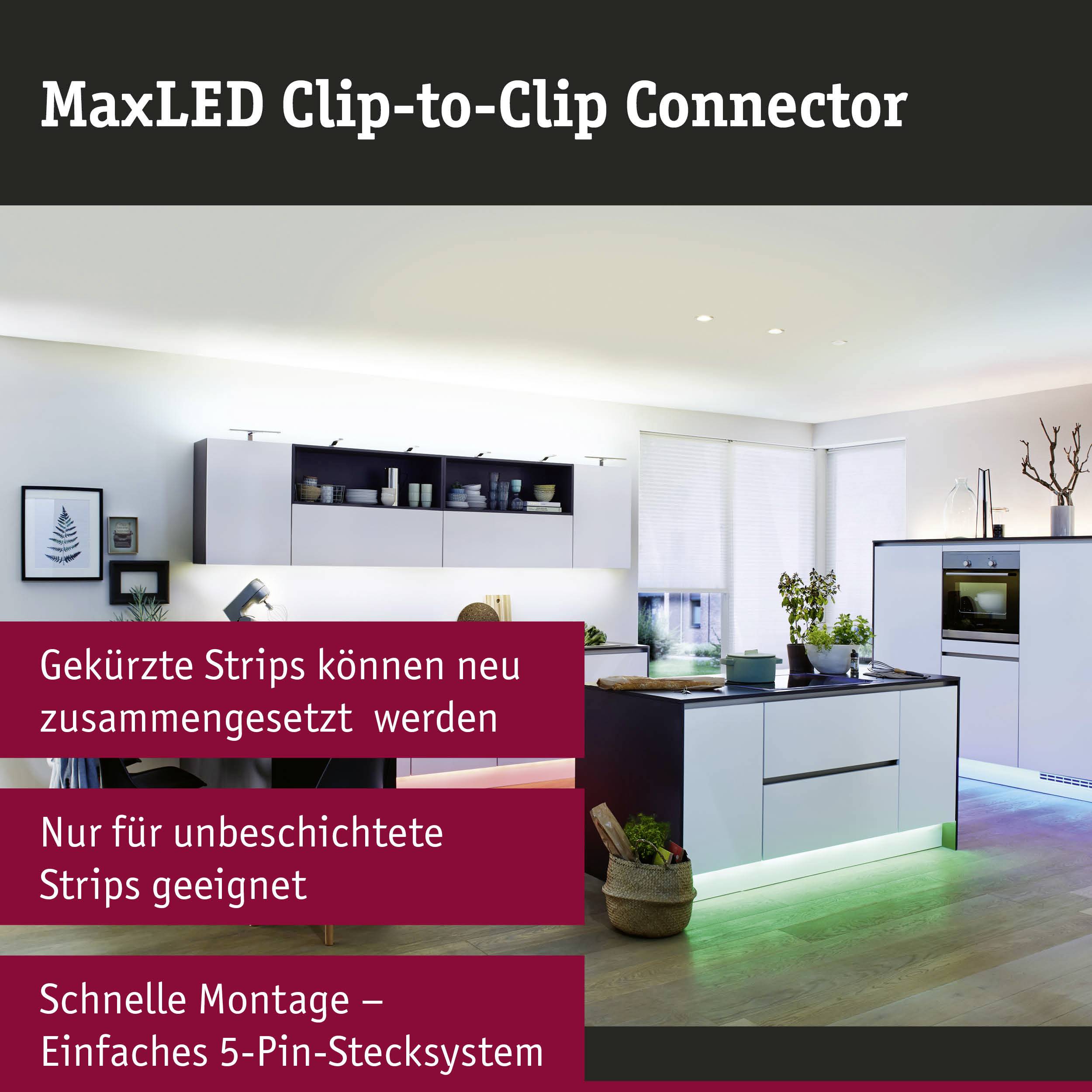 Lyst, moderne stue med LED-belysning. I billedteksten står der 'MaxLED Clip-to-Clip Forbinder', forneden tekst om nem strip-forbindelse.