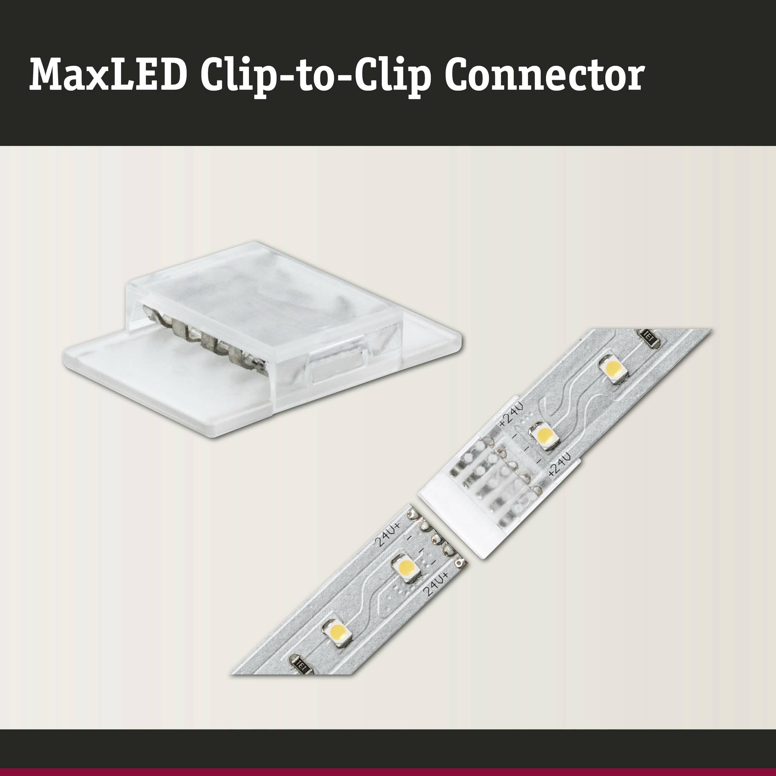 MaxLED Clip-to-Clip Connector: En transparent stikforbindelse, forbundet med en LED-stribe, der viser tre synlige LED-lamper.