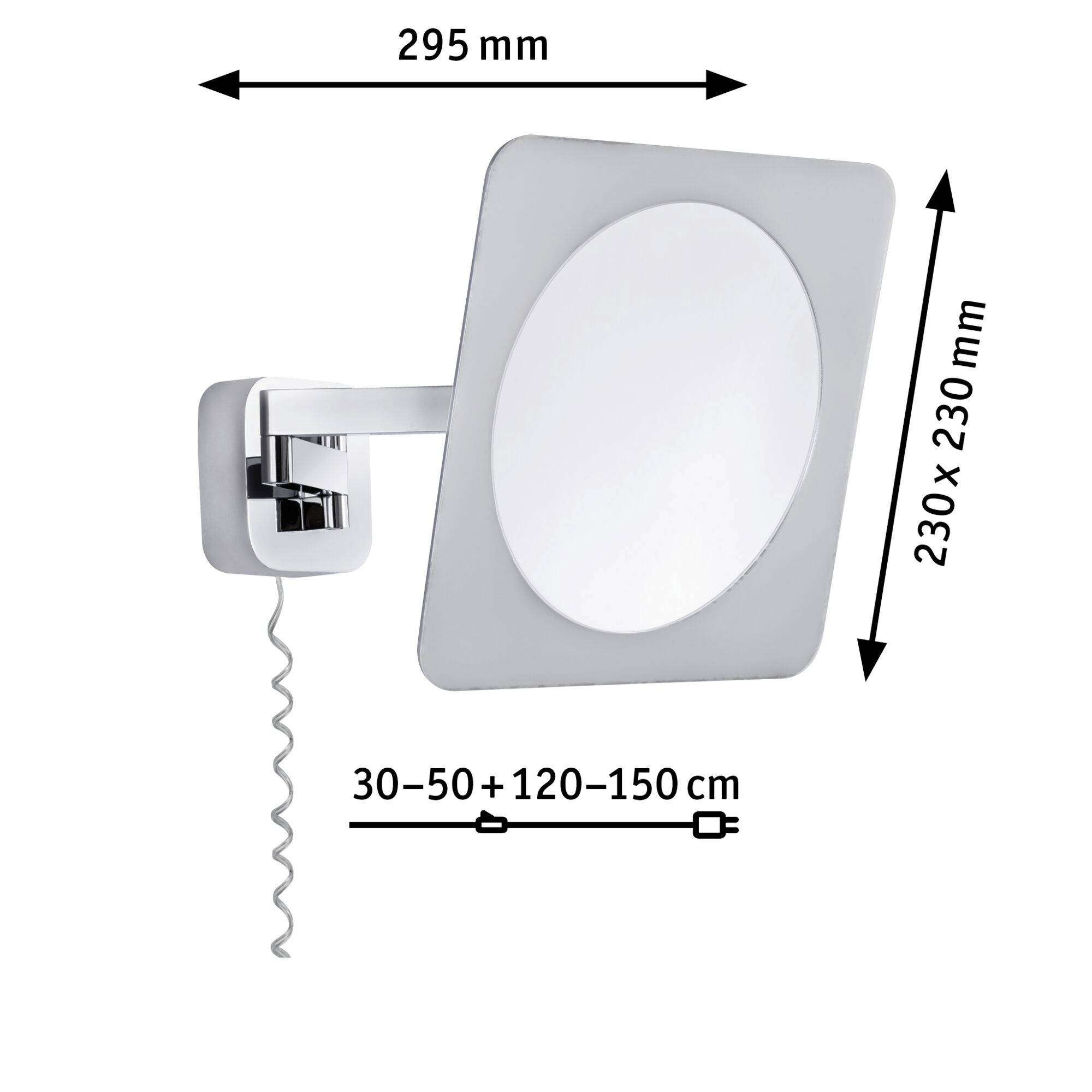 Forstørrelsesspejl med vægbeslag: Mål 295 mm bredde, 230 x 230 mm overflade, justerbar længde 30-150 cm. Spiralkabel synligt.