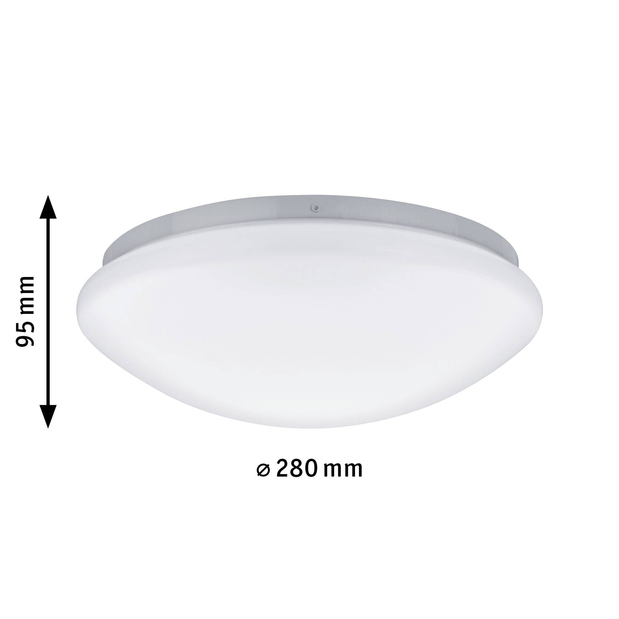 Rund loftlampe, diameter 280 mm, højde 95 mm. Hvid overflade. Perfekt til moderne rum eller gange.