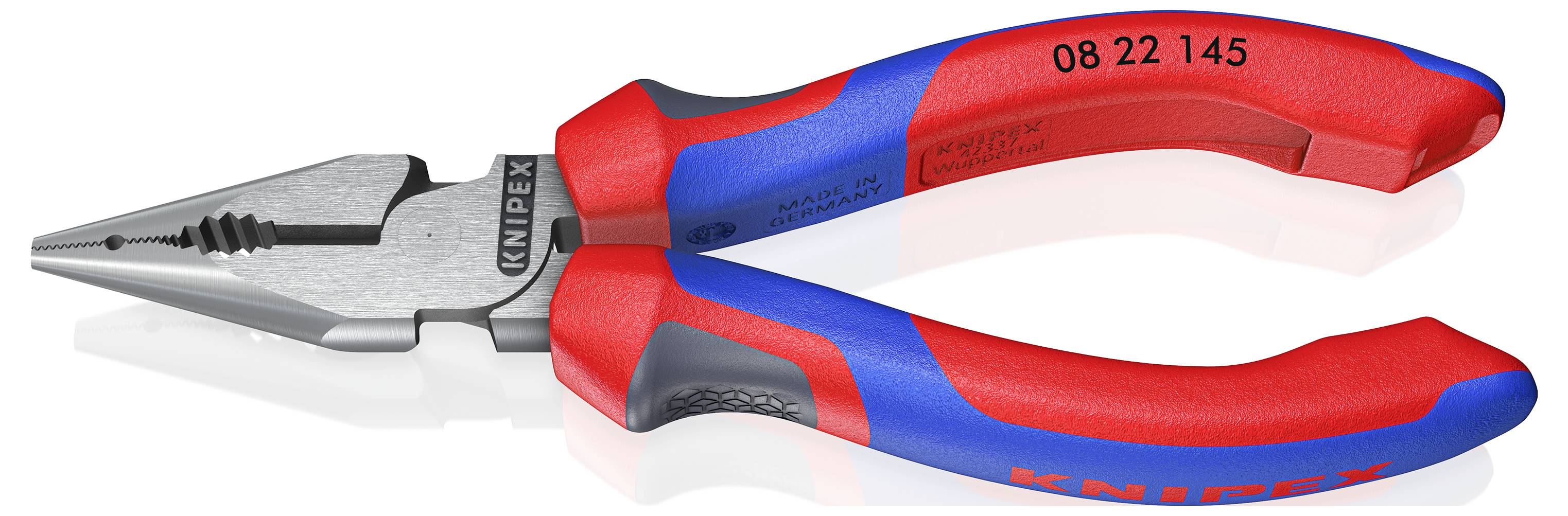 Farverig Knipex-tang med rød-blå greb, grå kæber, primært brugt til greb- og skæreopgaver.